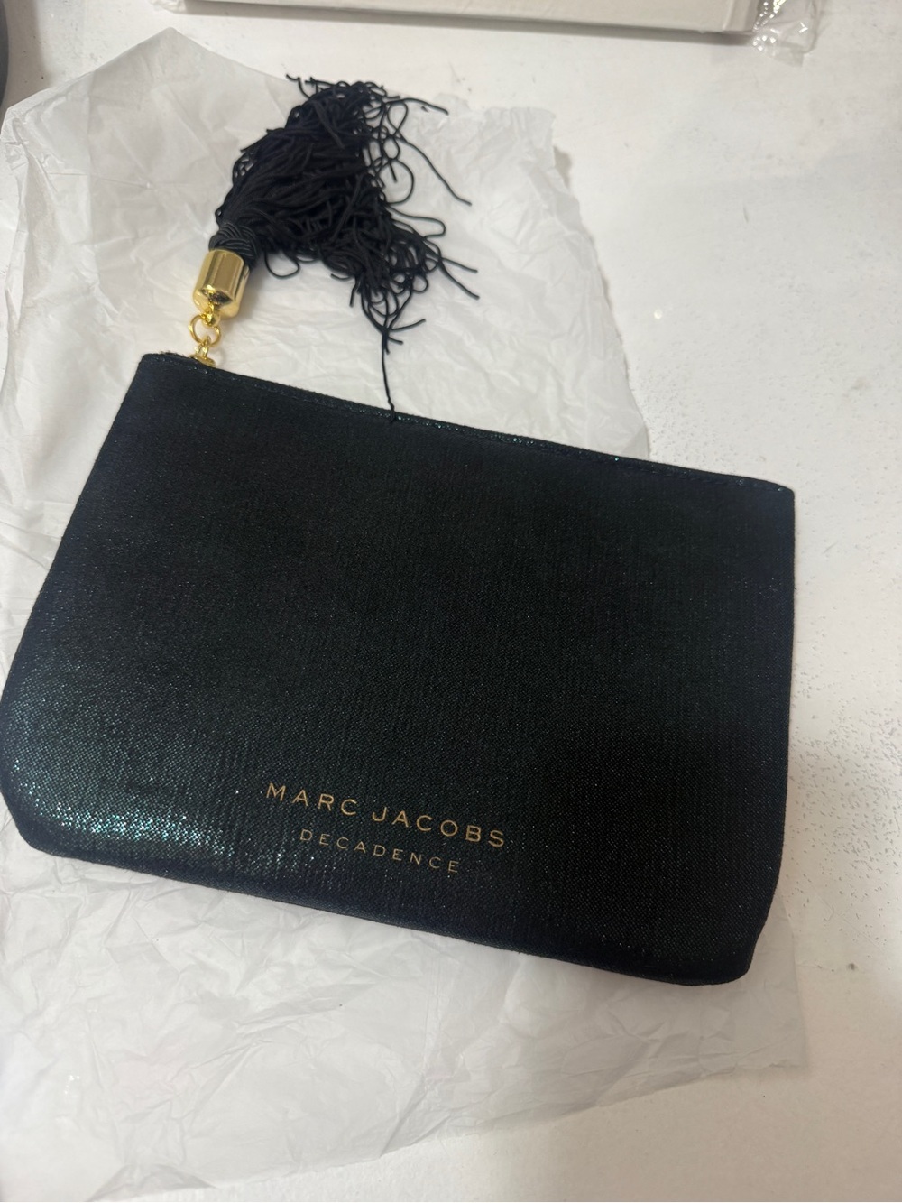 Marc Jacobs Black Shimmer Wristlet makeup bag with Tassel, brand new with box